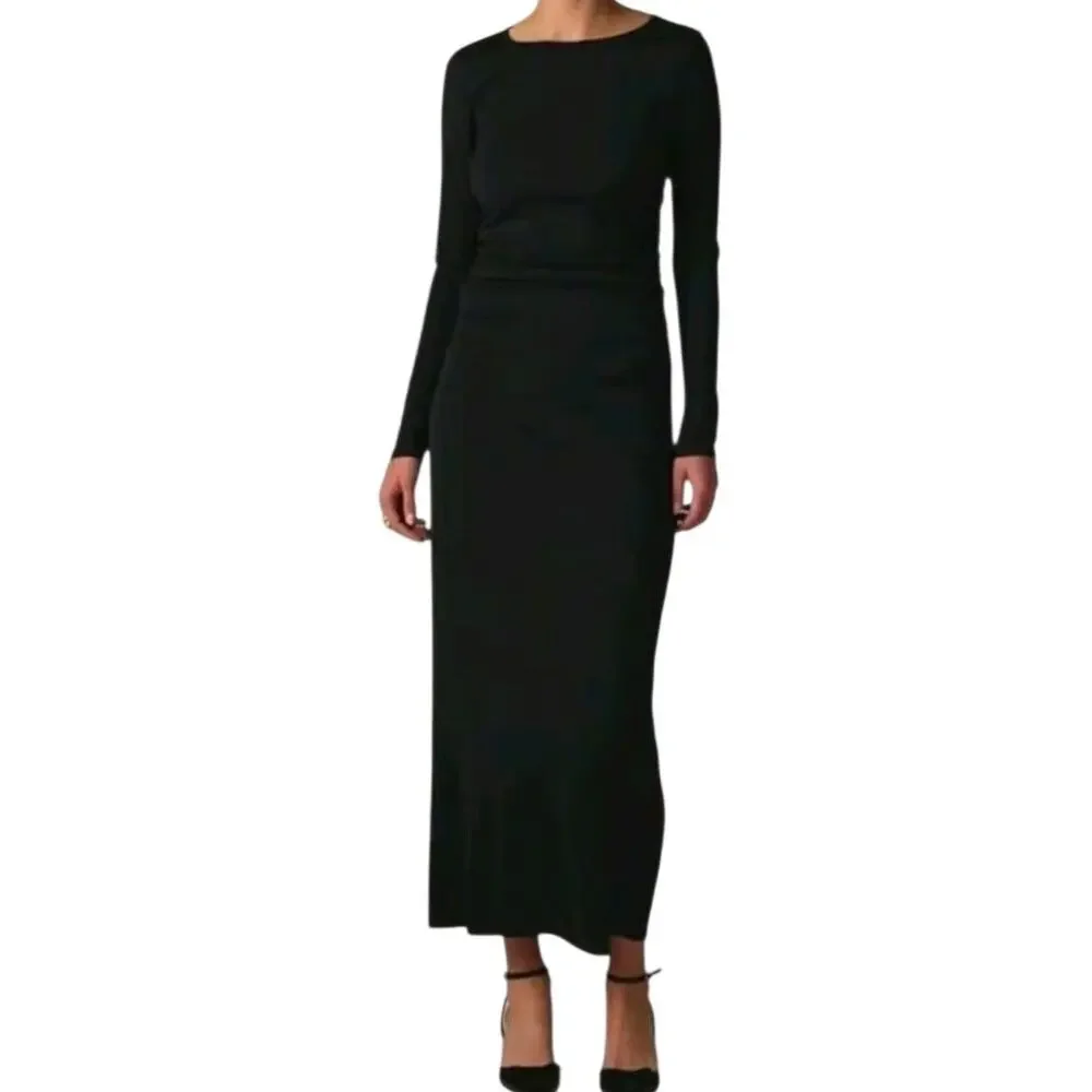 J. Crew Long Sleeve Sheath Midi Dress Jersey Crepe Black Ruched Stretch Medium